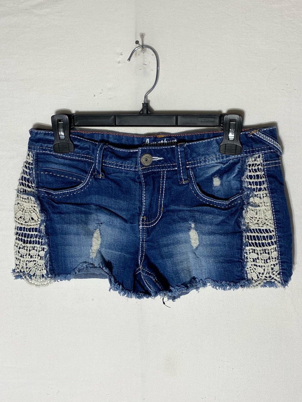 Vintage Y2K Amethyst Jeans Blue Denim Short Shorts W Crochet Sides 7 Festival